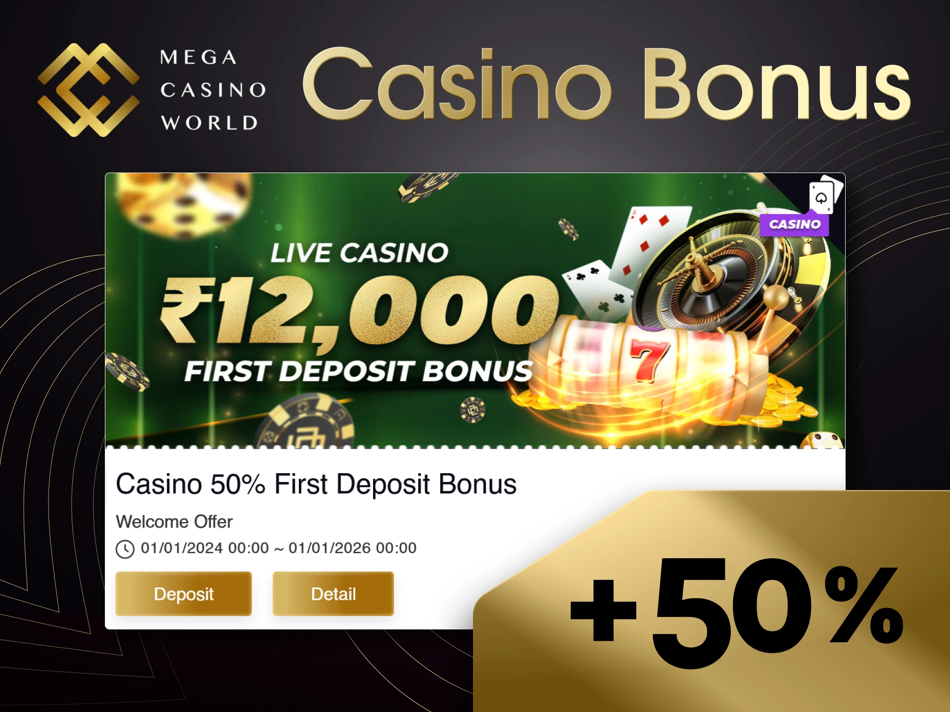 MCW adds a 50% bonus of the initial deposit for live casino games.