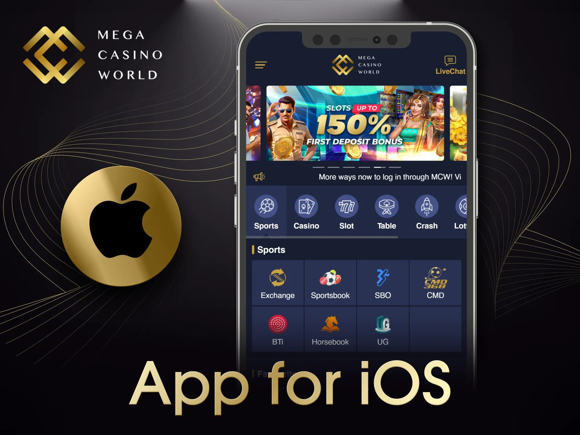 The Mega Casino World mobile version is available for iOS devices.