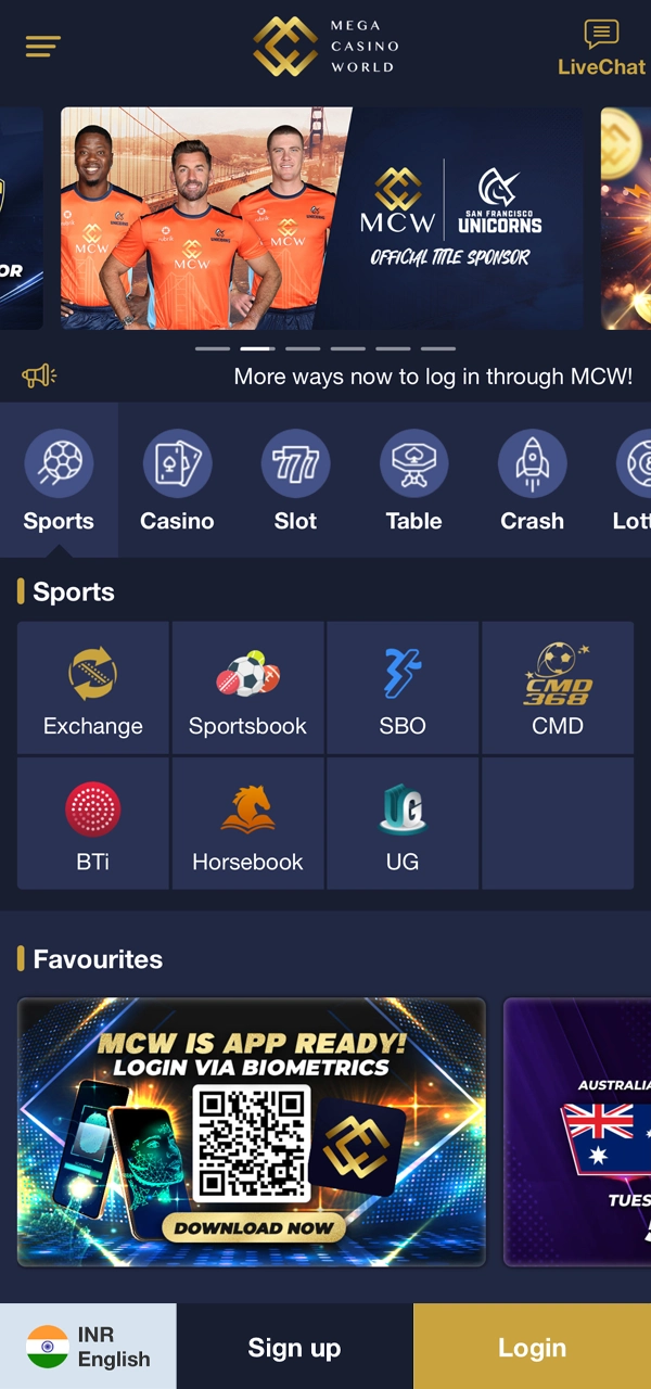 Mega Casino World home page.