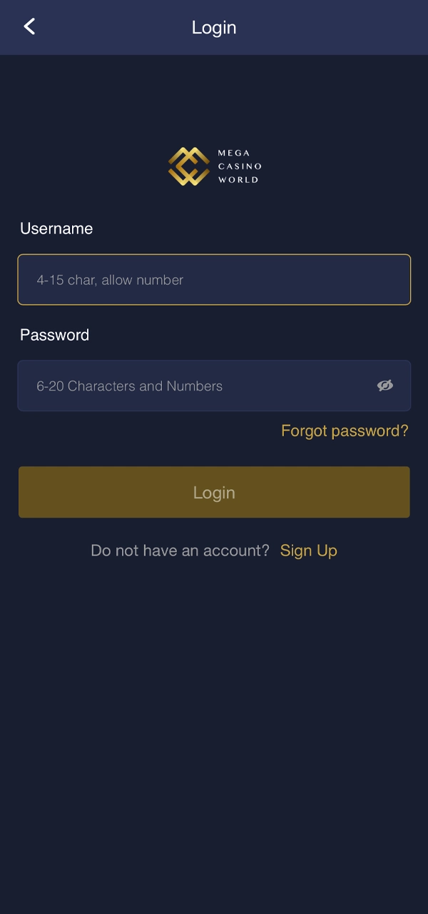 Mega Casino World account login.